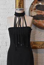 Load image into Gallery viewer, 1990’s | Claude Montana | Racer Back Black Dress with Fringe