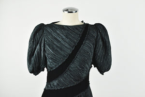 1980’s | Mary McFadden | Pleated Puff Sleeve Dress with Rhinestone Details