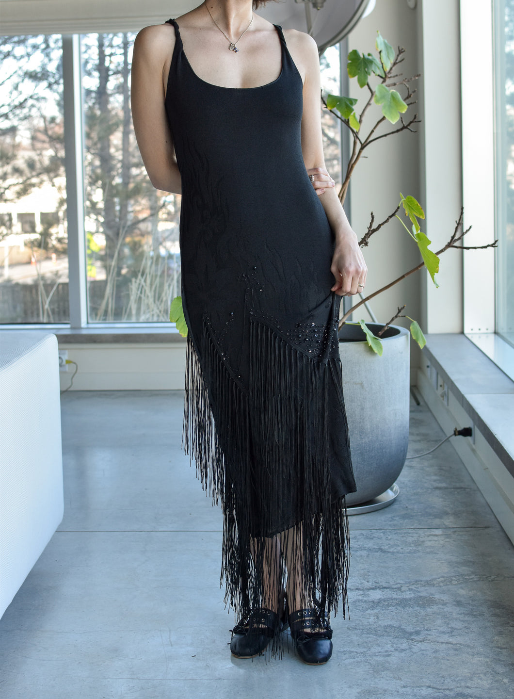 1990’s | Class by Roberto Cavalli | Black Maxi Dress with Beading and Fringe