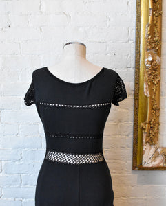 1990’s | Vivienne Tam | Black Maxi Dress with Crochet Cut Outs