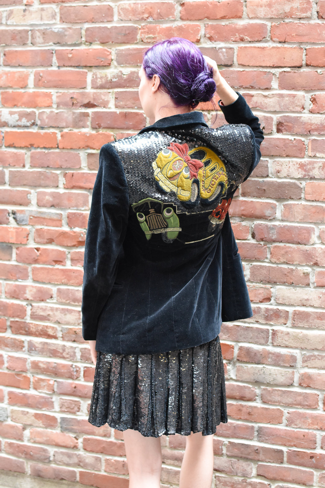 1990's | Iceberg | Velvet Jacket with Sequins and Cartoon Cars