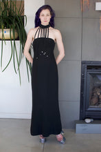 Load image into Gallery viewer, 1990’s | Claude Montana | Racer Back Black Dress with Fringe
