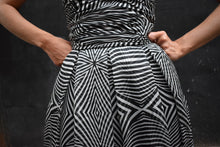 Load image into Gallery viewer, 1990&#39;s | Louis Feraud | Black and White Op Art Chiffon Strapless Dress
