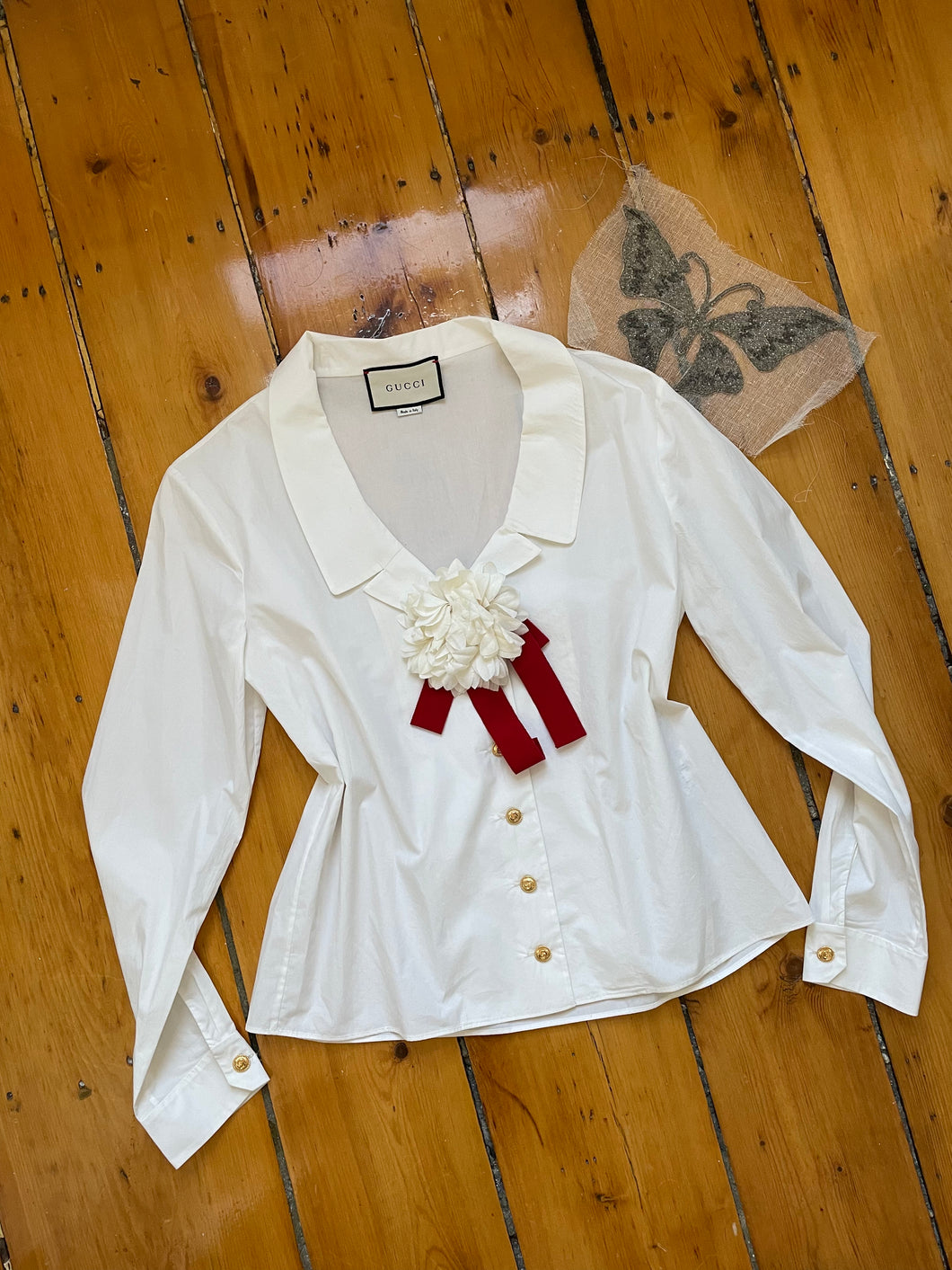 Gucci | White Blouse with Flower Brooch